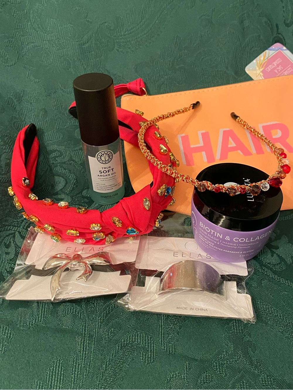 Hair Care & Accessory Set with Two Red Embellished Headbands, Hair Mask + 5 More